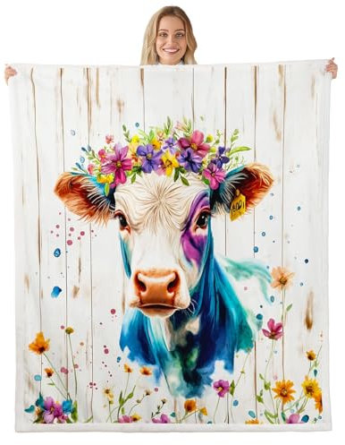 Homewish Bonita manta de forro polar de vaca lechera para niños y niñas, cobija con estampado de animales de granja de ganado de dibujos animados, manta de cama de felpa de madera beige, tamaño