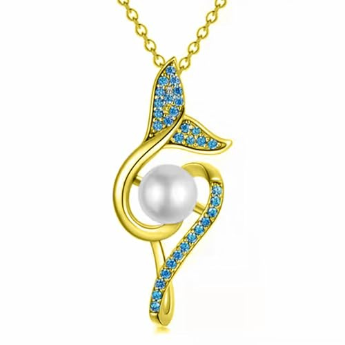 Dishowme Kristall Meerjungfrau Schwanz Halskette Vintage Strass Perle Fischschwanz Anhänger Halskette Kette Schmuck für Damen Frauen (Gold)