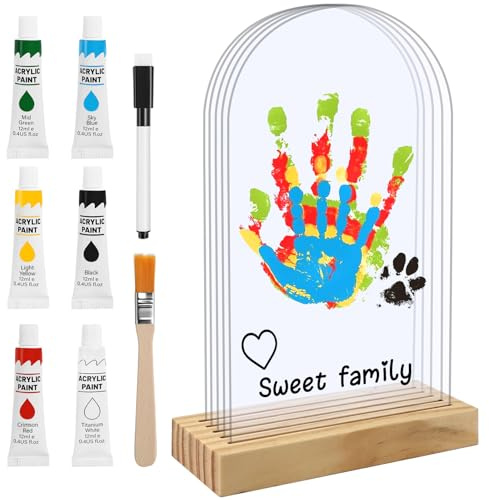 Dekorativer Handabdruck Set Familie mit Platz für 5, Baby Handabdruck und Fußabdruck Set, Massivholzsockel und Acrylplatten,Fingerfarben Kinder Ungiftig, Dekoration für Baby & Kleinkinderzimmer