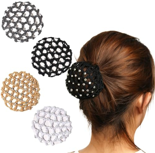JYNXOR Haarnetz mit Strass für Dutt & Knoten, 4 Stück - Glitzerndes Bun Net für Ballett, rhythmische Sportgymnastik & Eiskunstlauf - Inklusive Stoffnetz