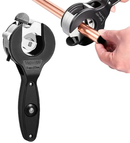 1Pcs Ratcheting Tubing Cutter Tool,2 in 1 Close Quarters 5/16to 11/8 InchSoft Metal Pipes Cutter,Ratchet Pipe Cutters Metal for 8-29 MM Tube Copper,Heavy Duty Ratchet Tube Cutter(with Spare Blade)