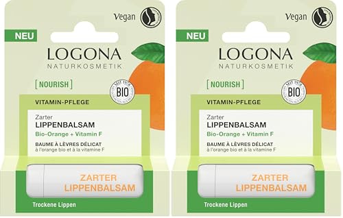 LOGONA Naturkosmetik NOURISH Zarter Lippenbalsam Bio-Orange - 4,6 g - schützt & pflegt – mit Vitamin F - vegan & natürliche Inhaltsstoffe - für trockene Lippen (Packung mit 2)