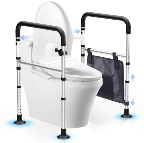 Toilet Safety Rails for Seniors, Height & Width Adjustable Toilet Safety Frame with Arms Fit Any Toilets, Toilet Assistance for Elderly and Disabled, Foldable Toilet Grab Bar 158kg