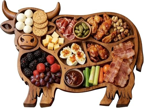 Holz-Charcuterie-Brett „Hochlandkuh“, Servierplatte aus Holz in Kuhform, mit kunstvollem Design, ideal für Snacks, Obst, Fleisch und Käse, für Partys, Bankette, Familienfeiern, Esstische und (A)