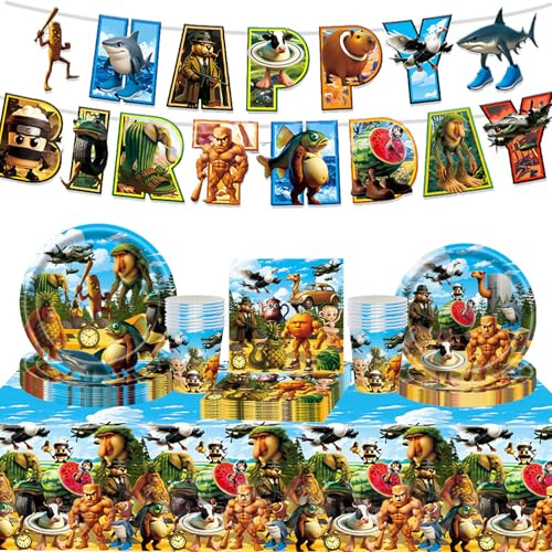 AUNGKWANG 66 Pièces Tung Tung Tung Sahur Vaisselle de Fête Anniversaire Enfant, Décoration Anniversaire, Fournitures de Fête - Assiettes, Gobelets, Serviettes, Drapeau Triangulaire, Nappes, 10 Invités