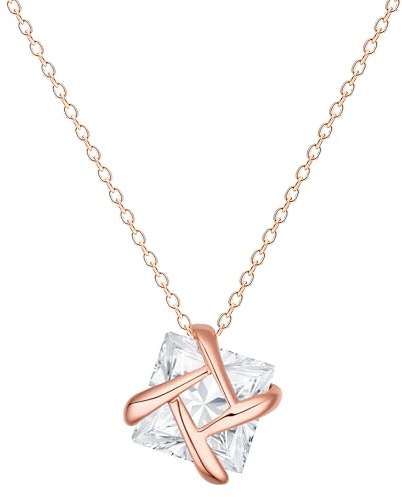 Löb 750 Roségold vergoldet Halskette Eckig Anhänger Zirkonia Stein Weiß Damen Kette Quadrat Steinanhänger Viereck Glitzer Modern Minimalistisch Rosé