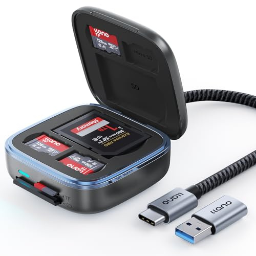 llano F18 2-in-1 SD- und Micro-SD-Kartenleser-Adapter, Plug&Play | TF 3.0 Speicherkartenleser mit Aufbewahrung für 6 Karten, USB C 3.0 SD Card Reader für Mac/Windows/Android/Linux, schwarz