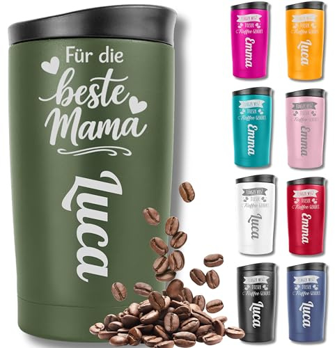 KUINEA Thermobecher personalisiert mit Gravur – Muttertagsgeschenk für Mama – Coffee To Go Becher aus Edelstahl, 350 ml, auslaufsicher – Grün