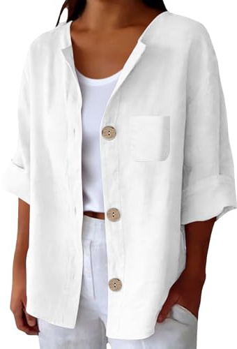 Camicia Lino Donna Maniche Tre Quarti Girocollo Estiva Moda Camicie Elegante Blusa Casual con Bottoni e Tasca Camicetta da Spiaggia Classico Leggera Comoda Lavoro Viaggi Uso Quotidiano