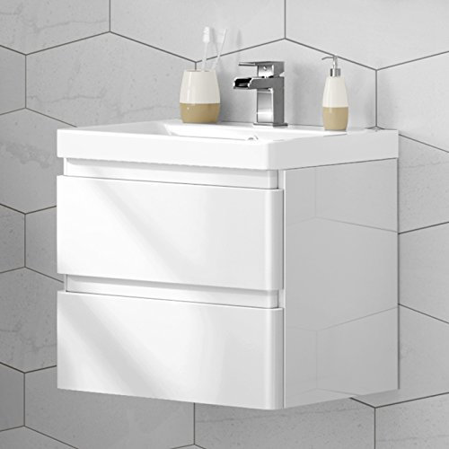 600 mm White Vanity Sink Unit Ceramic Basin Wall Hung Bathroom Storage Furniture