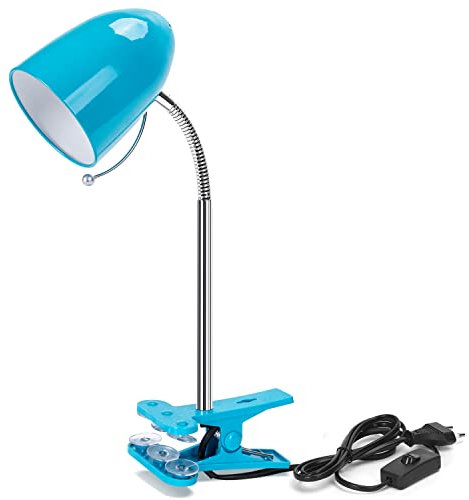 Aigostar Lámpara de Escritorio con Pinza Retro, Lampara Lectura Pinza sin Bombilla, Flexo LED Escritorio con Pinza para Cama Compatible con Bombillas Modelo E27 (Máx. 240V), cable de 153 cm, Azul