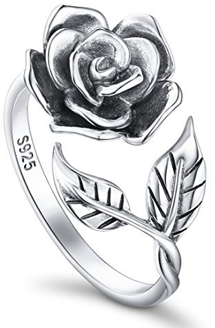 DAOCHONG Vintage Rose Fleur Bague S925 En Argent Massif Femmes Ouvert Bagues Rose Fleur Réglable Anneaux Cadeau Romantique pour Son Anneau Réglable,Oxidized 7