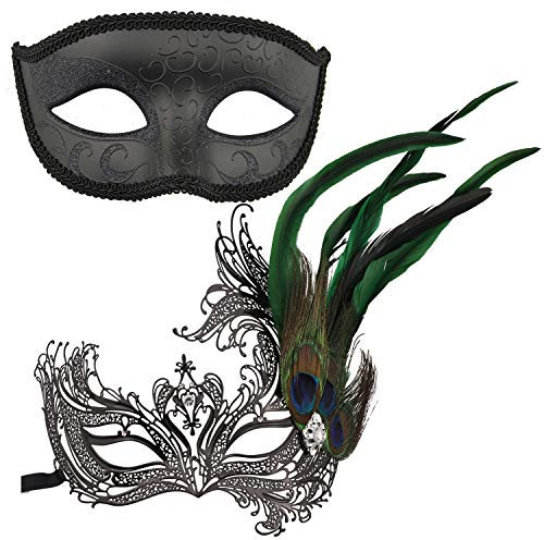Venezianische Augenmaske, Kostüm-Zubehör, Flauschfeder, Diamantspitze, für Party, Ballmasken Gr. 38, Pfau Grün 3
