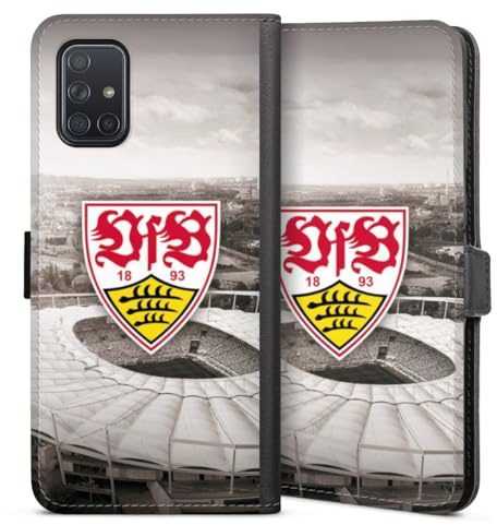 Klapphülle kompatibel mit Samsung Galaxy A71 Handyhülle aus Kunst Leder schwarz Flip Case VfB Stuttgart Offizielles Lizenzprodukt Stadion