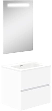 Baikal Mueble de Baño Dos cajones, suspendido a la Pared con Lavabo. Melamina 16. Mueble montado. Mueble de 60cm Blanco con Espejo con Luz Led