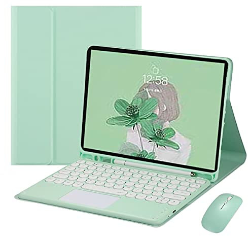 HENGHUI Keyboard Case Mouse for iPad 6th/5th Generation 9.7, Air ＆ Air 2, iPad Pro 9.7 inch Case with Cute Round Key Detachable Bluetooth TouchPad Color Keyboard,Mint Green