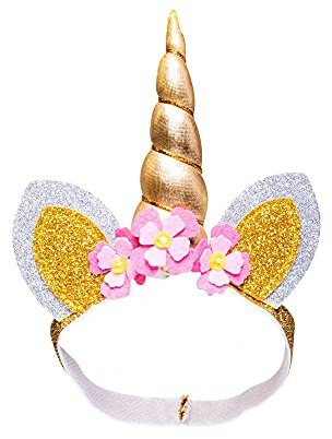 Heless 1311 - Haarband für Puppen, mit gold-glitzerfarbenem Horn, Glitzer-Öhrchen und Blüten, Gr. 28 - 35 cm