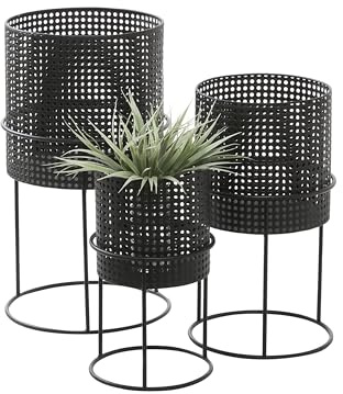 CosmoLiving by Cosmopolitan Metal Indoor Outdoor Planter Geometric Cutout Large Planter Pot with Circular Removeable Stands, Set of 3 Planters 23, 19, 15 H, Black