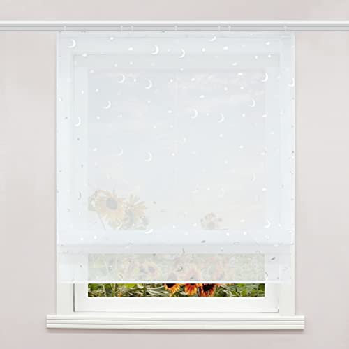 Delien Voile Raffrollo mit Klettband Transparente Gardine Raffgardine Kurz Rolls Küche Vorhang »Stern-Mond« Bändchenrollo Schals Modern für Fenster Gardinen BxH 100x140cm,Weiß