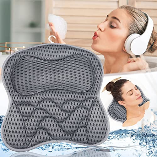 Frasheng Almohada de Baño,Malla 4D Cojín de baño,Almohada de Baño con 6 Ventosas Antideslizantes,Puede soportar la Cabeza,el Cuello,la Espalda,para SPA en Casa Bañera de Hidromasaje,Lavable a Máquina