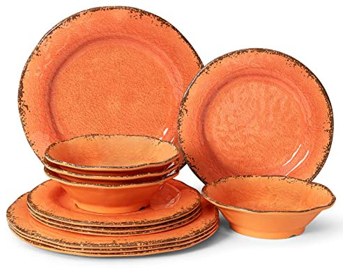 LEHAHA Set da 12 pezzi Crackle leggero in melamina per 4, piatti e ciotole rustici resistenti alla rottura e durevoli, perfetti per patio e attività all'aperto