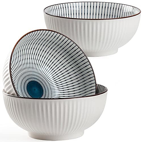 Hesen Lot de 3 grands bols à soupe Pho de 1,7 l, bols japonais à ramen en porcelaine, 20,3 cm, motif rayé