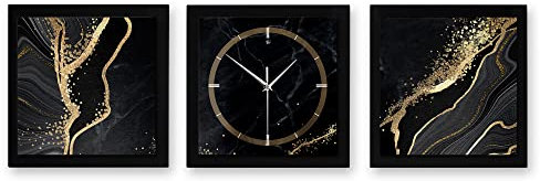 3D Designer-Wanduhr Gold & Black Marble 3-teilige Quarzuhr 150x50cm Schwarz in modernem Metallic-Look rechteckig ohne Tickgeräusche (Gold & Black Marble Querformat, 150x50cm; leises Quarzuhrwerk)