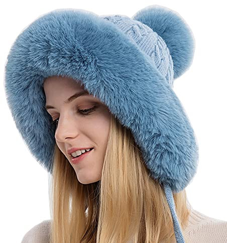 YEKEYI Damen Winter Sturmhaube Warm Kapuze Pullover Strickmütze, blau, 58