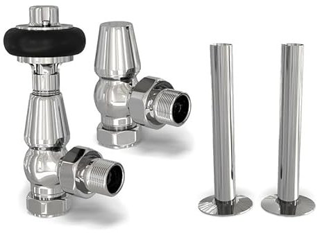 UK Radiators Chrome Thermostatic Radiator Valves and Angled Lockshield Valve - Polished Chrome Finish - Traditional Design 1/2 x 15mm Wooden Head Radiator Valves with 130mm Pipe Sleeves
