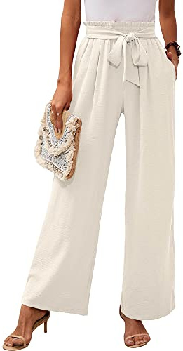Heymoments Damen Weites Bein Schlaghose Loungehose mit Taschen Leichte Hohe Taille Verstellbare Krawatte Knoten Lose Hose, A03-ivory, X-Groß
