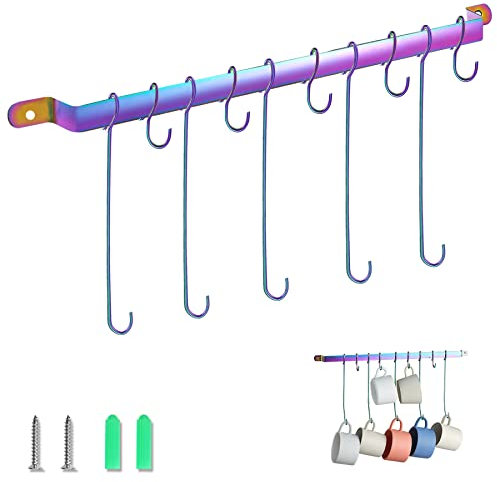 Coffee Mug Holder, Evanda Rainbow Titanium Plating Mug Holder Wall Rack, for Kitchen Dining Room, Wall Mounted Kitchen Rail with 5 Long Hooks and 5 Short Hooks.