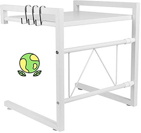 KEVO Support Extensible pour Four à Micro-Ondes à Charge Lourde, Support d'étagère de Cuisine à Hauteur Meuble réglable avec 4 Crochets Suspendus Organisateur de Rangement (Blanc-1PC)