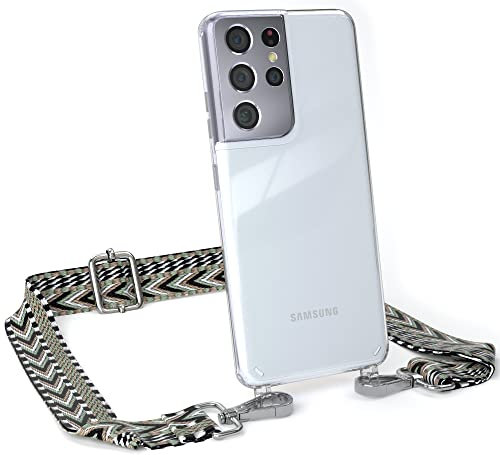EAZY CASE Handykette - Verstellbares Taschenband kompatibel mit Galaxy S21 Ultra 5G, Schulterriemen, Handykordel mit Silikon Hülle, Umhängetasche, Grün Schwarz Silber