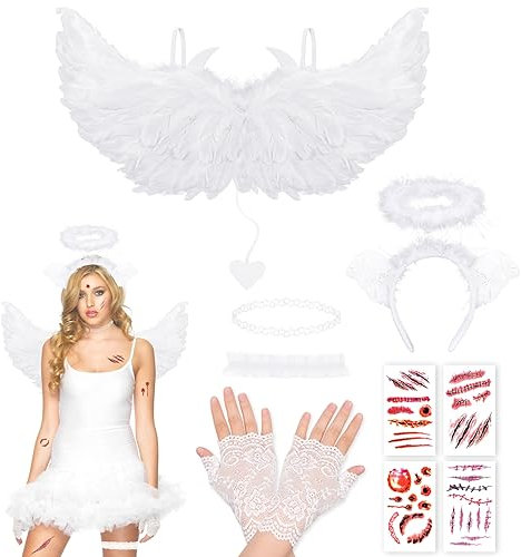 DPKOW Weiß Engel Kostüm Damen Halloween Kostüm Engel Heiligenschein Engel Haarreif Engelsflügel Weiß Spitzenhandschuhe Narben Tattoo Set für Damen Mädchen Kinder Halloween Karneval Mottopartys
