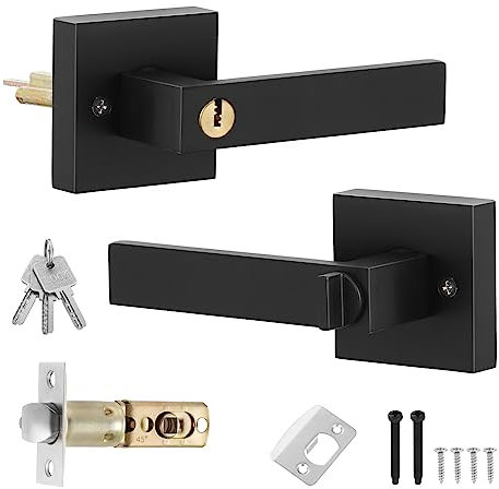 Mynoozi Maniglia per Porta con Serratura e Chiave, Set di Maniglie per Porta a Leva, Set di Serratura per Porta Esterna, Maniglie per Porta a Leva per Esterno, 1 Coppia (Nero)
