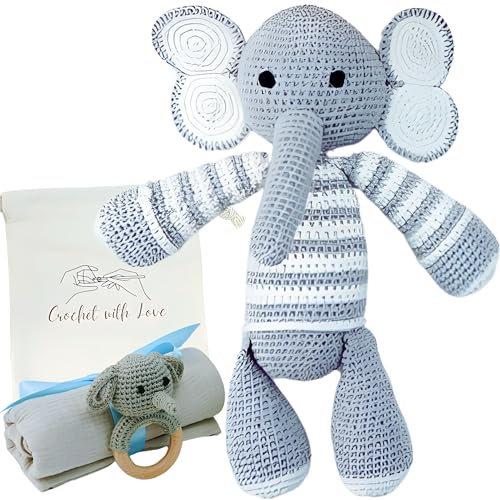 cometrade Baby-Geschenk-Set, 4er, Elefanten-Thema - Kuscheltier 26 cm, Baby-Rassel 11 cm, Badetuch & Beutel, handgefertigt für Jungen und Mädchen, mit Geschenkbox, für Neugeborene, Kleinkind