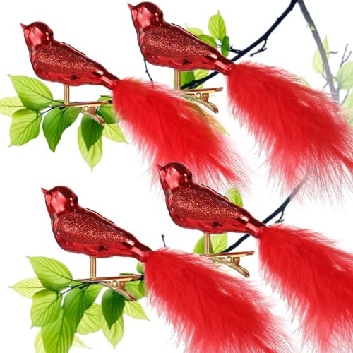 UNOLIGA Christbaumschmuck Vögel Glas, 4pcs Weihnachtsbaum Deko Rot Vogel mit Federn, Niedlich Weihnachtsbaumschmuck Künstliche Glas Vögel mit Clip (2023 Verbesserte Version)