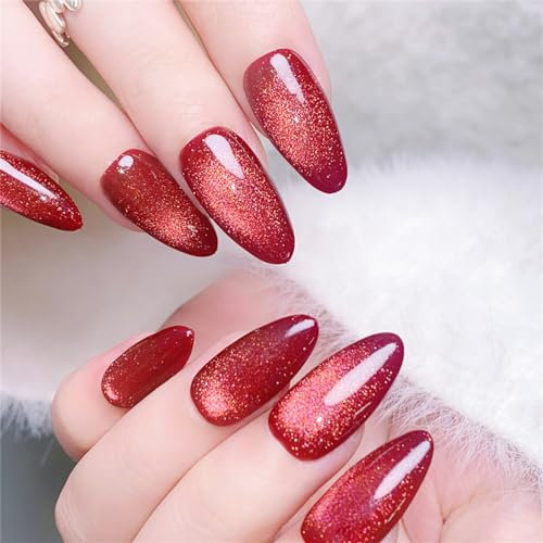 New Year Red Cat Eye Fake Nail Short Almond Press on Nails Tips for Women and Girls Nail Art Manicure 24pcs