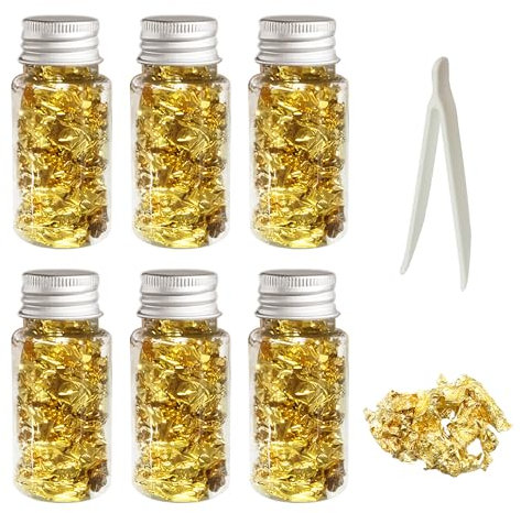 COACOM 6 bouteilles de feuille d'or avec 1 pince à épiler, feuille d'or, feuille d'or, film de luxe, adapté pour la décoration de nail art, la dorure, l'artisanat.