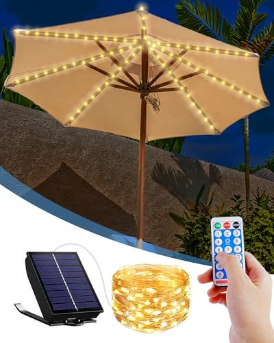 Klarlight Solar Powerd Parasol Lights Waterproof Outdoor Patio Umbrella Lights with Remote Control 8 Mode Warm White LED Light String for Garden Patio Camping Tent Party Decoration