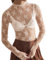 Mesh Sexy Tops for Women Lace Long Sleeve Tops Floral Sheer Blouse See Through Layering Shirts (L, Apricot)