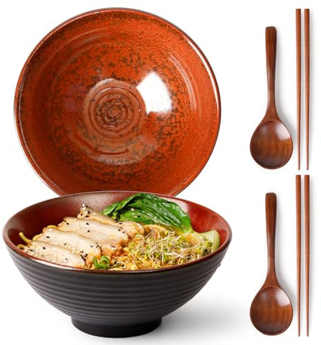 NUTRIUPS 2 Stück (6-teilige) Ramen Schüssel Set 1200ml Keramik Ramen Bowl mit Löffel und Essstäbchen, Japanische Suppenschüssel 20cm Ramen Schale (Red)
