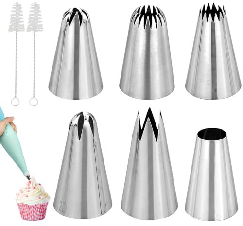 6 pezzi Bussole professionali in acciaio inossidabile, boccole per pasticceria, punte per tubazioni (1M,2D,4B,1A,D66 e 108E) per la decorazione di Cupcakes,con 1 spazzola per la pulizia
