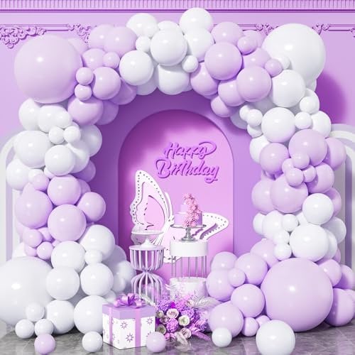 Purple White Balloons,120 Pcs Pastel Baby Purple Latex Balloon Arch Garland Kit with Different Sizes 18/12/10/5 Inch for Girls Women Birthday Wedding Engagement Anniversary Baby Shower Party Deco