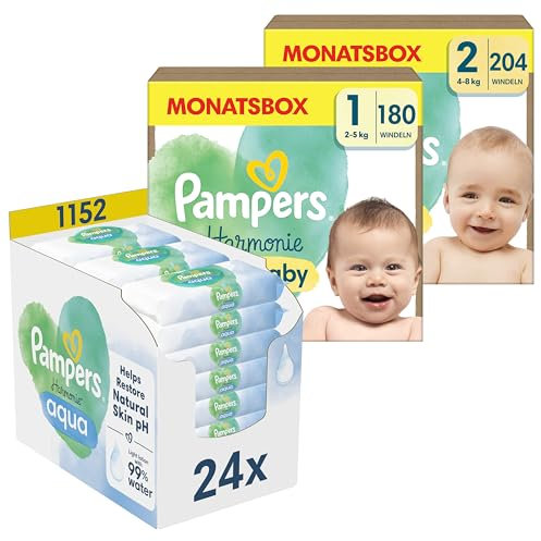 Pampers Harmonie New Baby Wipes Set mit Windeln Größe 1 (2-5kg, 180 Stück) + Größe 2 (4-8kg, 204 Stück) MONATSBOX, und New Baby Feuchttücher, 1104 Tücher (24 x 46)