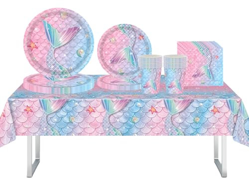 69PCS Mermaid Birthday Party Supplies Mermaid Tableware Set Mermaid Birthday Party Decorations Set Include Plates,Cups Napkins,Mermaid Tablecloth for Girls Baby Shower Ocean Party Supplies(16 Guests)