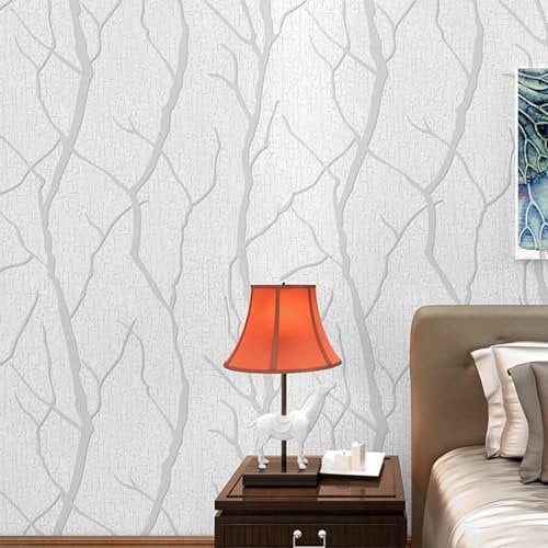 Trafagala Non-Woven White Wallpaper 3D Embossed Striped Feature Branch Glitter Wallpaper Flocking Textured Modern Minimalist for Bedroom Living Room TV Backdrop Hallway Hall Lounge