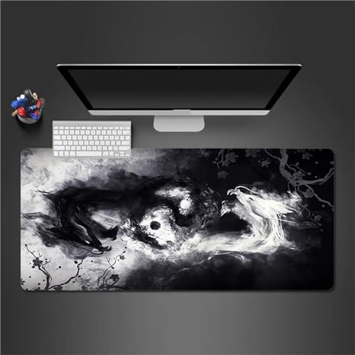 Tapis de Souris de Jeu Dragon Blanc Noir Tapis de Souris XXL 600x300x3mm Grand éTendu Tapis de Bureau avec Base en Caoutchouc Antidérapant et Bords Cousus pour Clavier et Souris