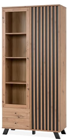 Vitrine in Eiche und Anthrazit, Hochschrank für Wohnzimmer und Esszimmer, Vitrinenschrank mit 3D-Lamellen, Industrial Design 92 x 199 cm, Madem