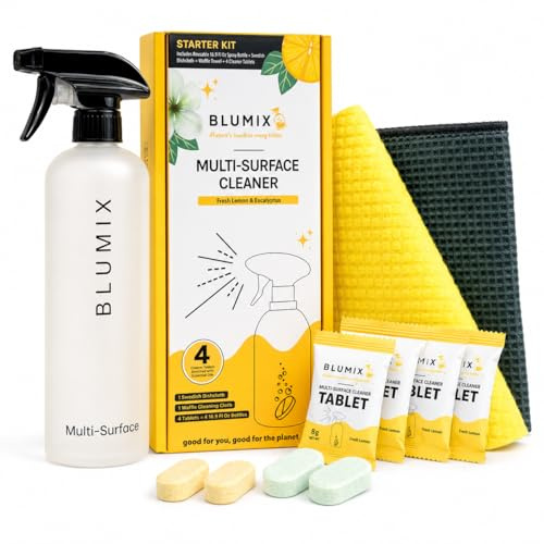 Blumix Multi-Surface Cleaning Starter Kit: Includes 4 Cleaner Tablets, 16.9 oz Spray Bottle, Swedish Dishcloth, and Waffle Weave Cloth – Eco-Friendly, All-Purpose Cleaning Solution, Essential Oils